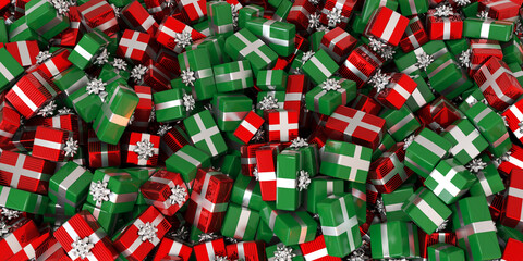 plein de cadeaux de noël rouges et verts - arrière-plan de Noël - rendu 3D