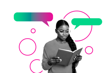 Composite trend artwork 3D sketch image photo collage of young student smart lady eyewear education read book gear chatting speech cloud