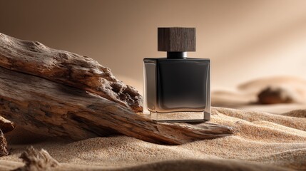 A stylish perfume bottle with a wooden cap resting elegantly on a textured wooden surface 