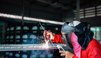 Welder wearing a red long-sleeved shirt and a protective mask is welding a steel grating, Industrial Welder With Torch