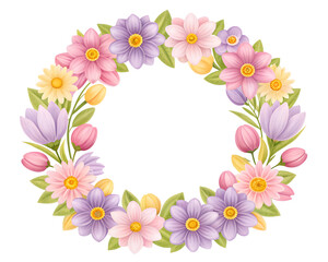 Hand-painted spring flower wreath in pastel tones, featuring soft petals and lush leaves arranged in a graceful circular botanical design.