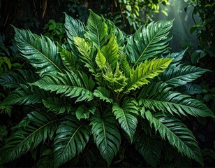 Lush green tropical foliage with vibrant new growth.