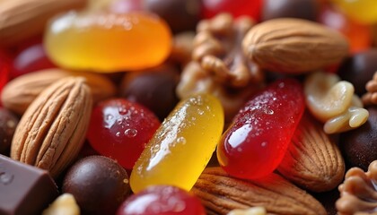 Close up of assorted sweets like jelly beans and chocolates mixed with almonds walnuts and cashews. Tasty snack selection with colorful candy and healthy nuts.