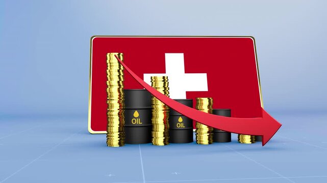 Switzerland Flag Economy Declining with Falling Oil Prices and Downward Trending Arrow