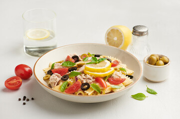 Tuna Pasta Salad on concrete background , selective focus