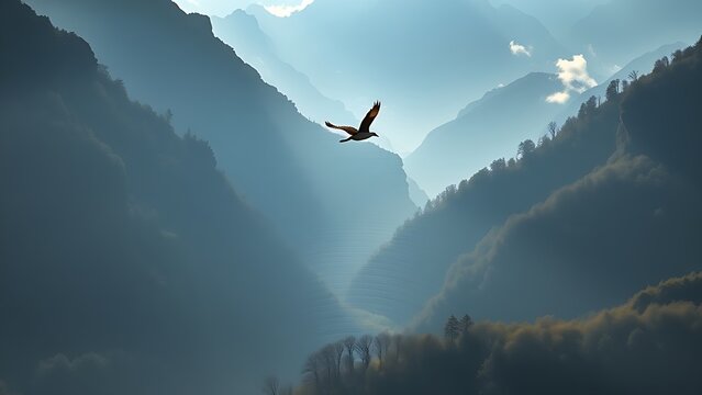 infrasound. Mountain valley with concentric sound ripples in air, a bird in flight creating acoustic patterns through morning mist. travel magazines.