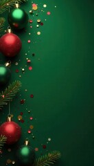 Elegant dark green backdrop, Xmas ornaments, gold accents, celebratory confetti , elegant, lights
