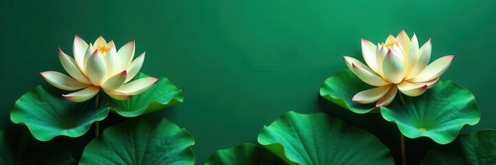 Elegant gold line art lotus blossoms on emerald green background , vector, packaging