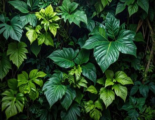 Lush green tropical leaves creating a natural wall background.