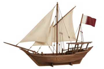 Dhow sailing vessel with qatari flag and white sails, representing maritime tradition and culture, transparent background