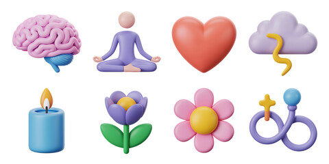 3D Wellness and Identity Icons – Brain, Meditation, Heart, Cloud, Candle, Flowers, Gender Symbols Representing Mental Health, Emotions, and Self-Care