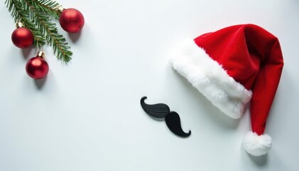 Minimalist Christmas flat lay White hipster mustache, Santa hat, copy space , celebration, holiday, joy