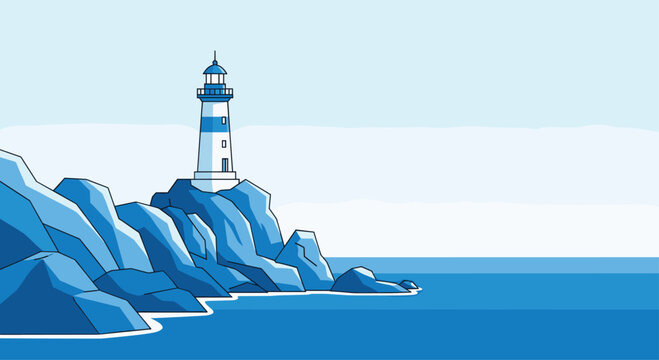 Striking lighthouse illustration standing tall on rocky coast, perfect for nautical themes and coastal travel branding and serene vacation promotions