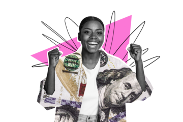 Collage young cheerful girl fist gesture hands success achieve progress positive result money finance benjamin franklin banknote shirt