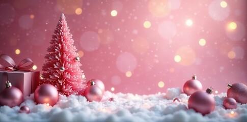Soft pink Christmas scene, delicate decorations, luxurious feel , bow, ribbon