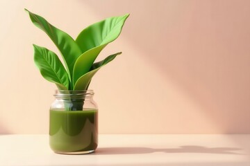 Stylish minimal jar, green tropical leaves, empty background, green, plant