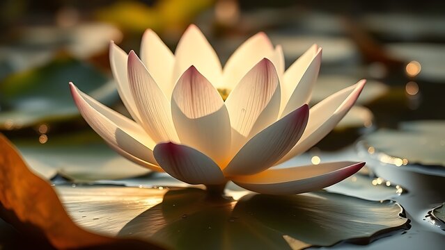 patera. Water lily petals unfolding at dawn with morning dew on serene pond. gardening catalogs, home-decor guides, designed for gardening and botanical catalogs, used by ngo communicators.