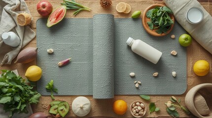 Healthy lifestyle flatlay with yoga mat, fresh fruits, and vegetables for wellness bloggers, nutritionists, and mindful living promotions now