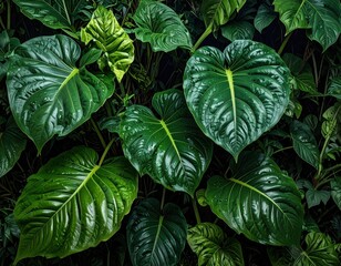 Lush Green Tropical Leaves with a Glossy Sheen.