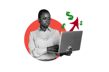 Composite photo collage of serious american girl type laptop arrow dollar success profit work development isolated on painted background