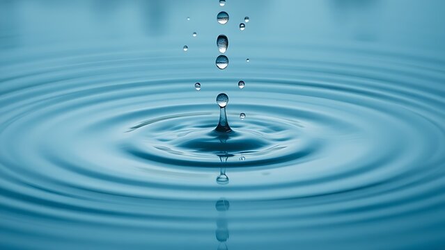 shrinkage. Raindrops creating circular ripples on a calm water surface, serene blue tones. ESG reports, sustainability campaigns, designed for environmental awareness campaigns.