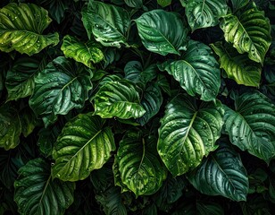 Lush Green Tropical Leaves with Water Droplets in a Dark Moody Forest.