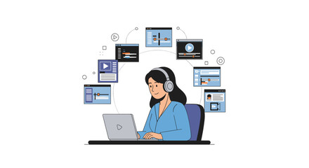 Creative professional editing multimedia content on laptop surrounded by digital interfaces, embodying modern workflow and digital artistry