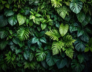 Lush green tropical monstera leaves wall background 1.