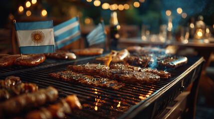 Close up of grilling meat with argentinian flags and blurred background lights outdoors
