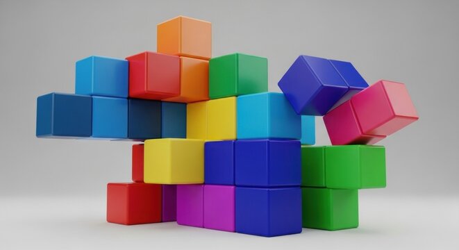 A colorful, abstract geometric structure made up of multiple, interlocking cubes in various colors and orientations.