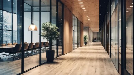 Modern office hallway with glass walls and wooden floors, captured from a low-angle. Ideal for a corporate video backdrop, exuding elegance and professionalism. Live desktop wallpaper.