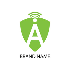 Green shield logo with wi fi signal and letter a
