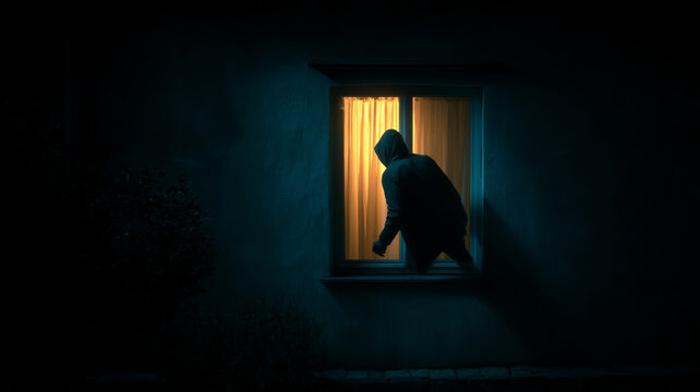 Burglar sneaks into dark house through open window during night
