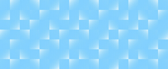 Vector abstract wide panoramic background with geometric square checkerboard layout in light blue halftone tones and subtle grainy texture. Abstraction ideal for tech, UI, editorial visual assets