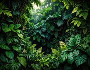 Lush green tropical rainforest with dense foliage and vibrant leaves.