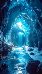 A breathtaking view of an icy cave, light beams filtering in, reflecting off the cold blue surfaces of the ice