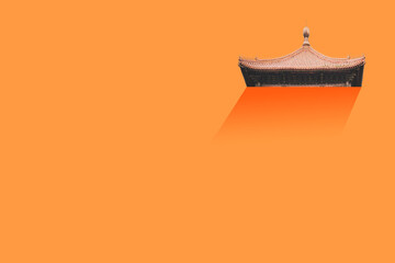 A design featuring a rooftop structure in a vibrant orange setting, reminiscent of Beijing...
