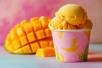 Ice cream scoop on Colorful paper cup, Mango flavor