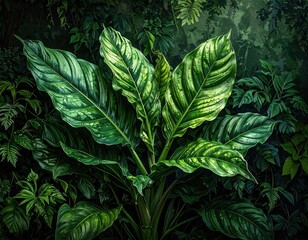 Lush variegated green leaves of a tropical plant in a dark jungle.