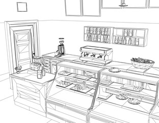 A black and white contour sketch of a kitchen bar with a coffee machine, a bowl of food, and various objects on the counter.