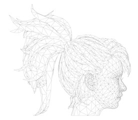 Polygonal wireframe portrait of a girl's head with a sleek ponytail against a stark white background. Side view