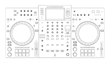 DJ controller in black and white line art, featuring a sleek modern design with multiple knobs, buttons, and a large LCD display for professional music mixing.