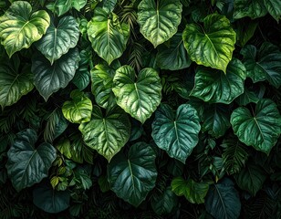 Lush wall of vibrant green heart shaped leaves with dramatic lighting.