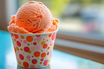 Ice cream scoop on Colorful paper cup, Orange flavor