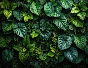 Lush wall of diverse green tropical plant leaves.