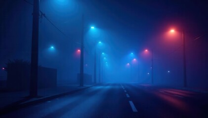 Blue neon lights illuminate misty street; dark abstract background , illustration, street