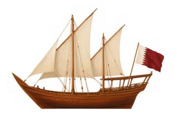Traditional dhow sailing boat flying qatar flag, historical maritime transportation on transparent background