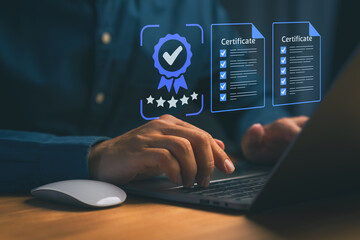 Person using a laptop with glowing digital icons of certificates, checklists, and a quality badge....