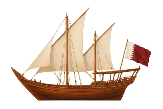 Traditional dhow sailing boat flying qatar flag, historical maritime transportation on transparent background