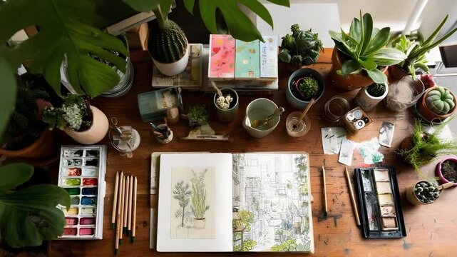 Wooden desk cluttered with watercolor paints, brushes, pencils, and many potted plants, centered by an open sketchbook of botanical drawings.